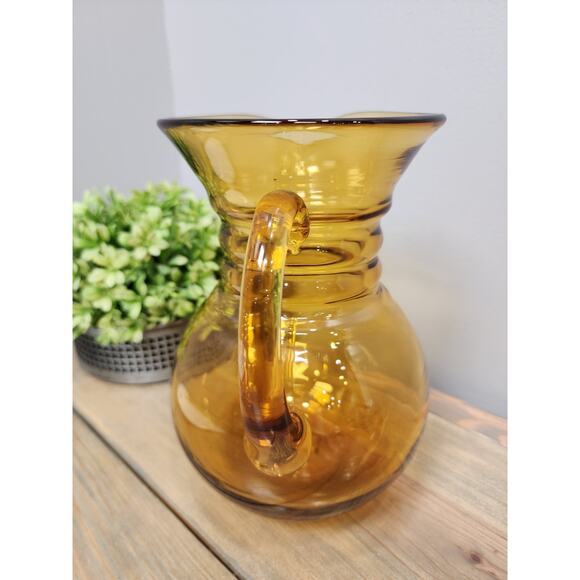 Blenko Hand Blown Art Glass Amber Gold Ribbed Pitcher 8.5" - Picture 5 of 11